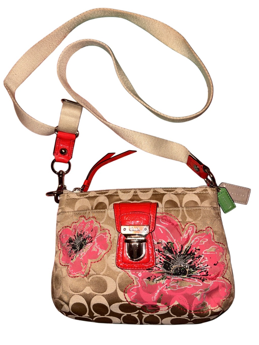Coach Khaki Signature Canvas Crossbody with Pink Floral and Red Trim